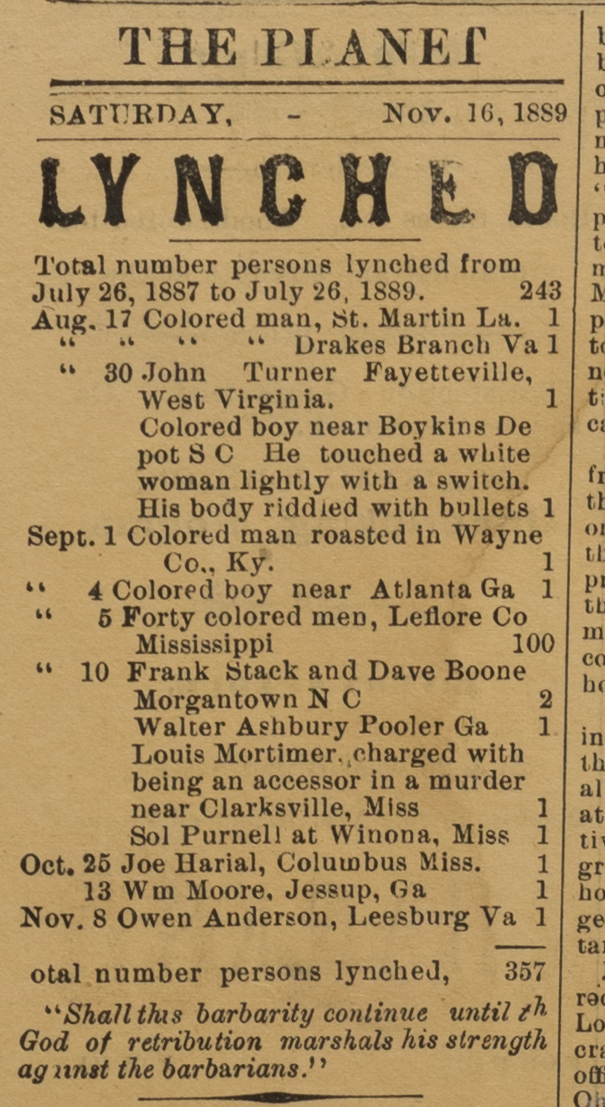 A list of lynching victims From the Richmond Planet, November 16, 1889