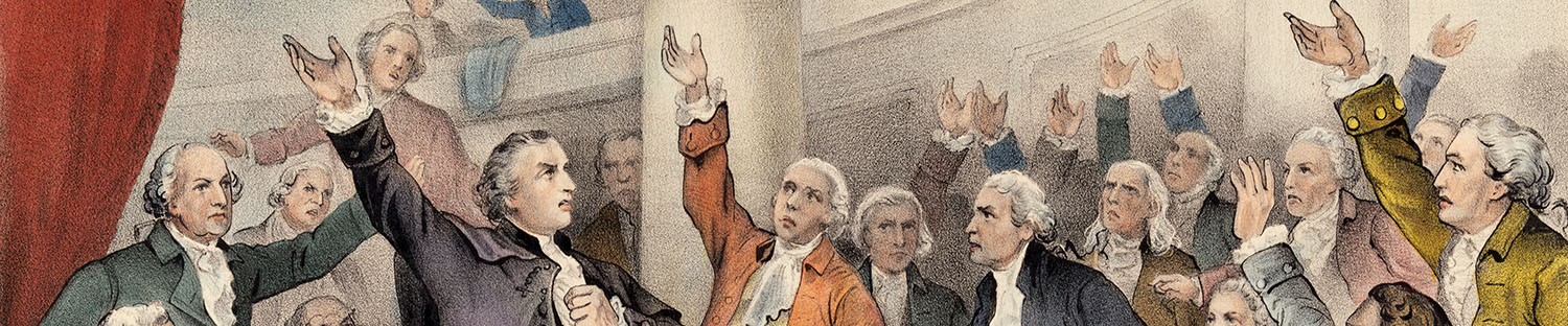 Color lithograph depicting Patrick Henry delivering his "Give me liberty or give me death" speech to the Virginia Assembly