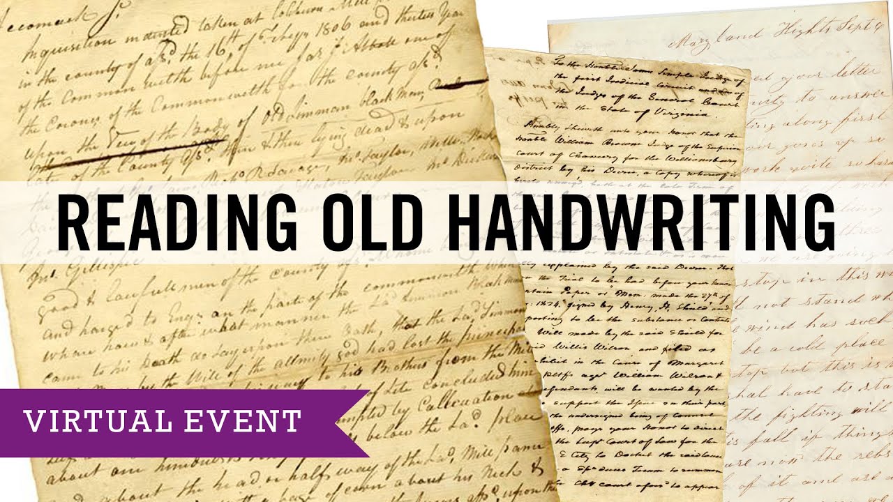 Three handwritten documents on a white background with the text "Reading Old Handwriting" and a "Virtual Event" banner