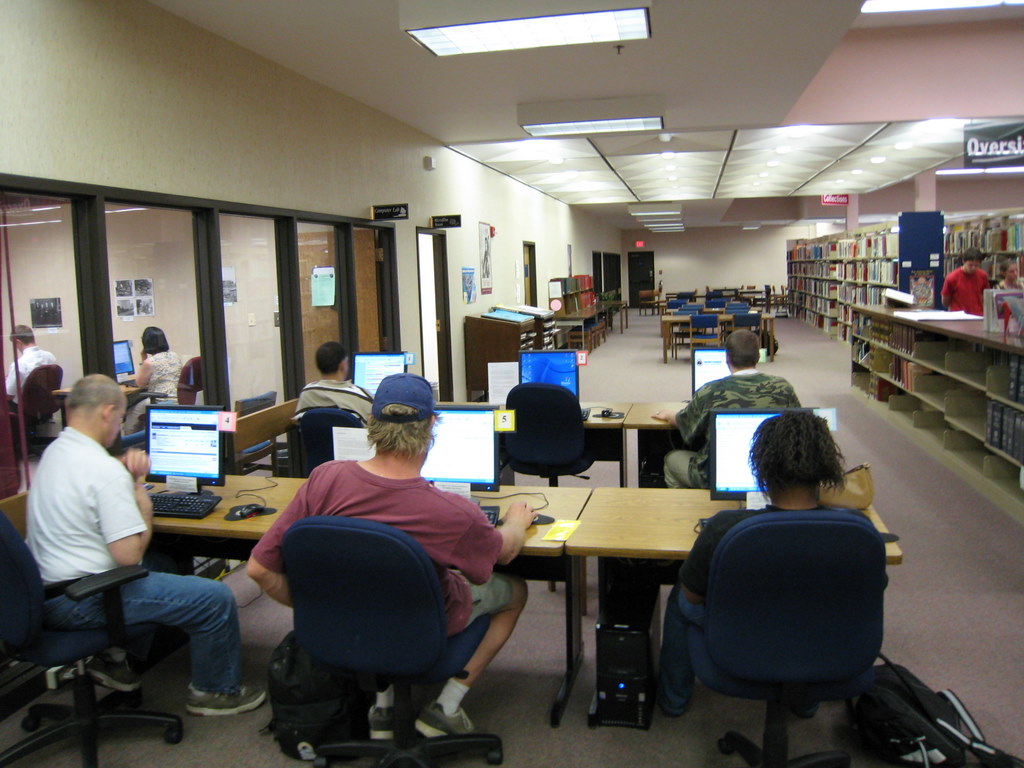 photograph from behind of five people using public computers at a library
