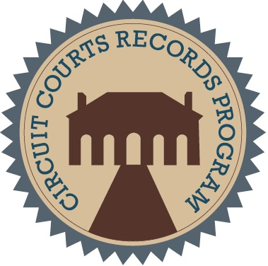 circle logo of brown building with column on tan background Circuit Courts Records Program written in blue