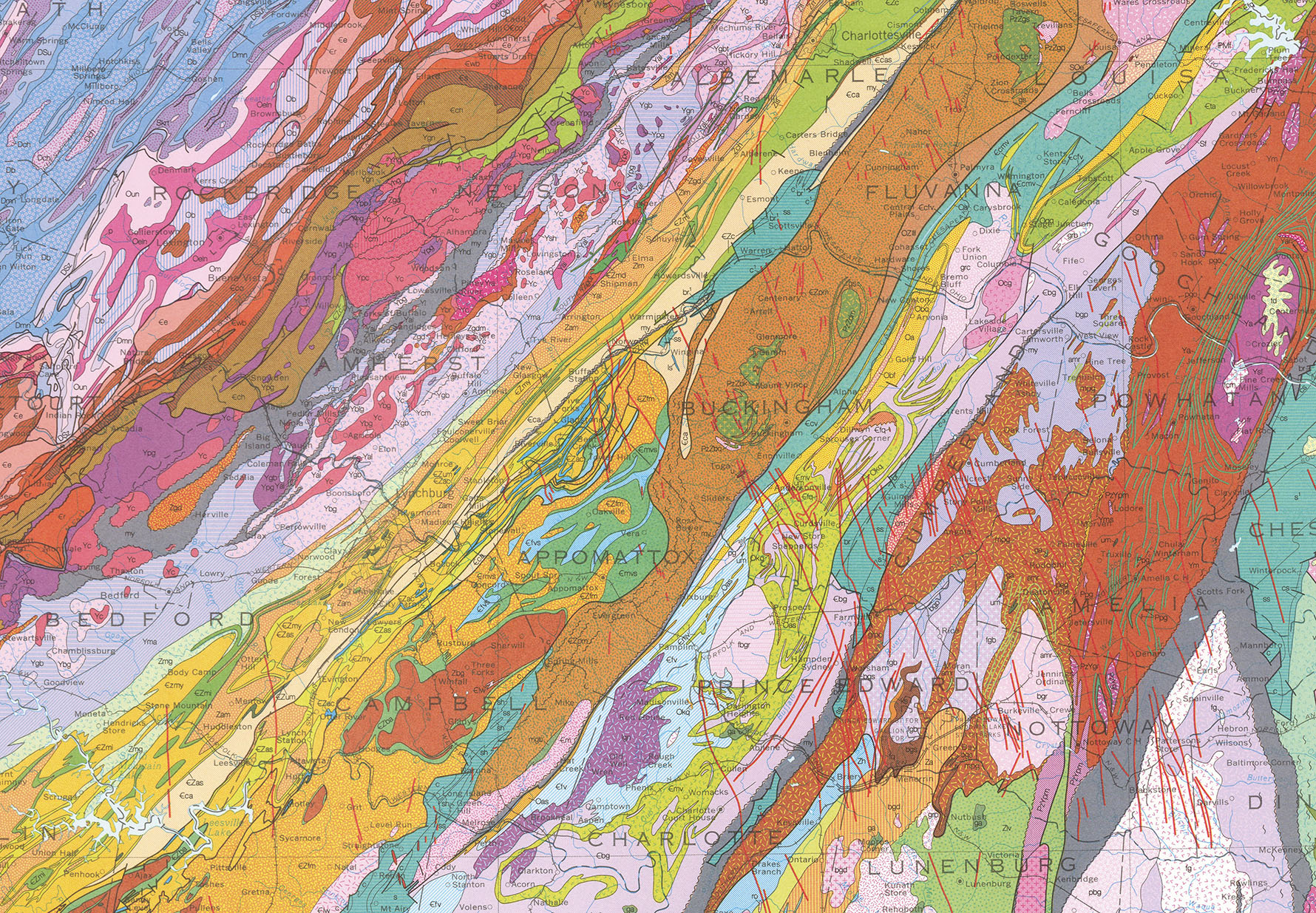 The image shows a colorful section of a geological map of Virginia.