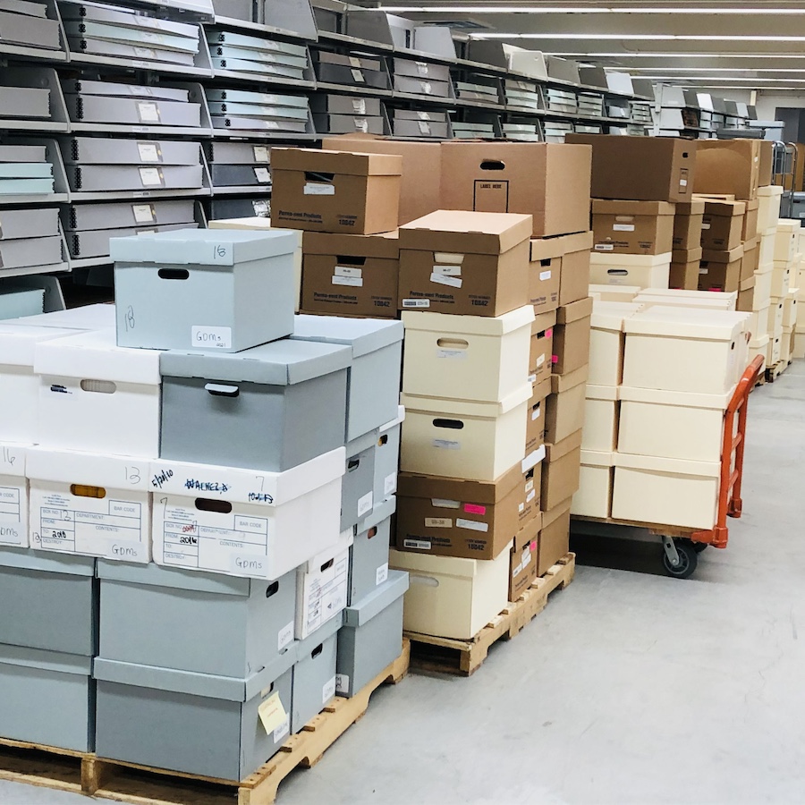 Archival boxes stacked on pallets with shelving behind.