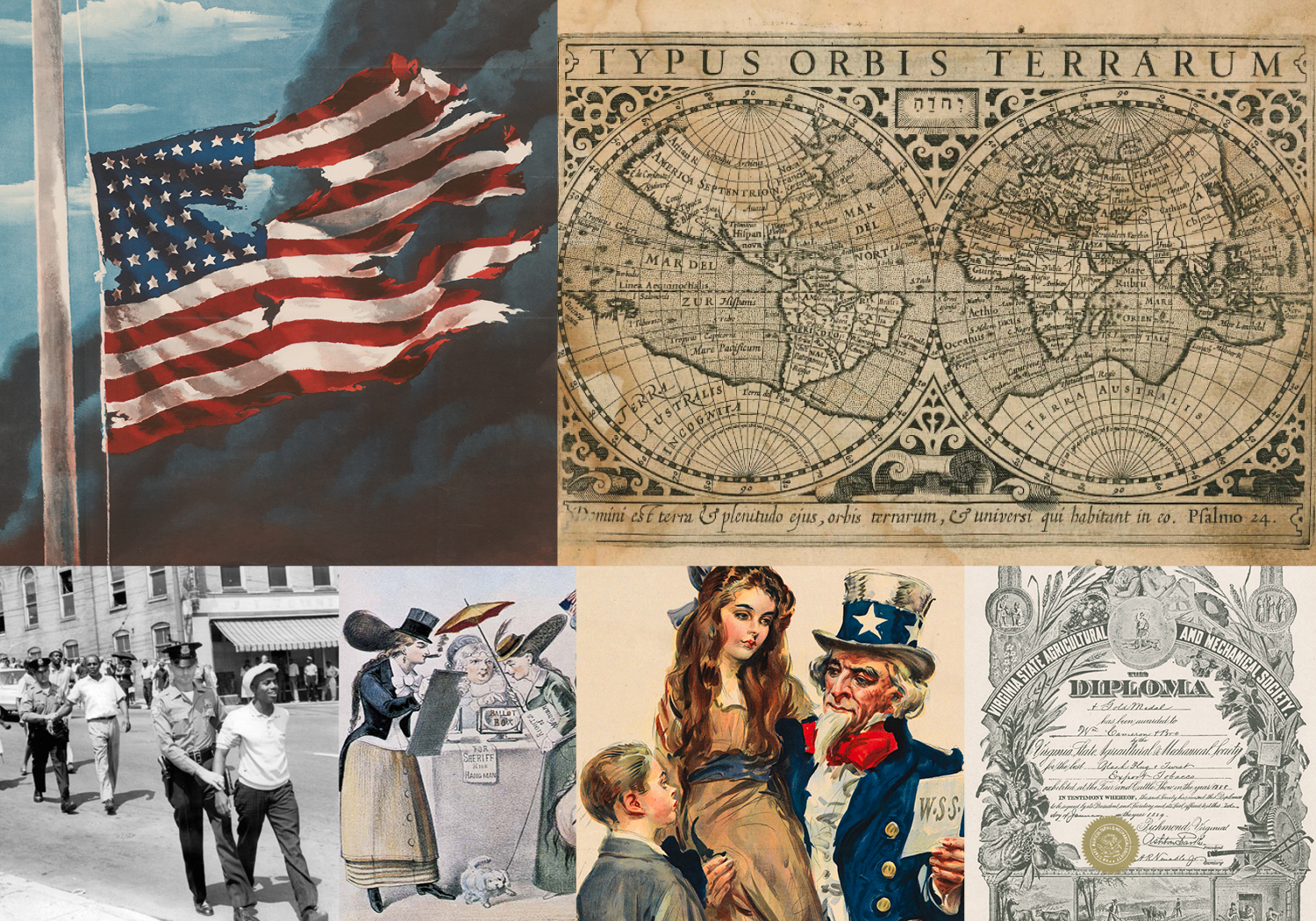 image collage with battle-damaged U.S. flag, map, portrait of George Washington, photograph of white police arresting black demonstrators, 19th century engraving, poster of Uncle Sam, and 19th century certificate