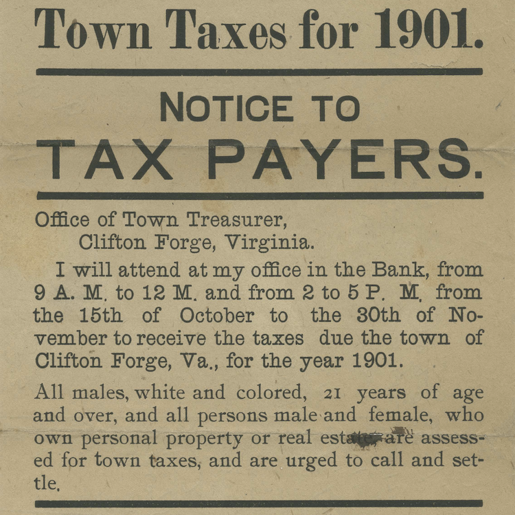Broadside that says "Town Taxes for 1901. Notice to Tax Payers."