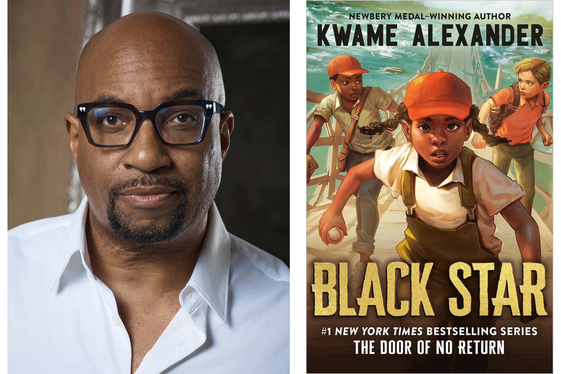 Kwame Alexander, author, in a white collared shirt against a muted background. The cover of "Black Star" shows three children running across a bridge. The central figure is a Black girl in overalls and a red cap holding a baseball.