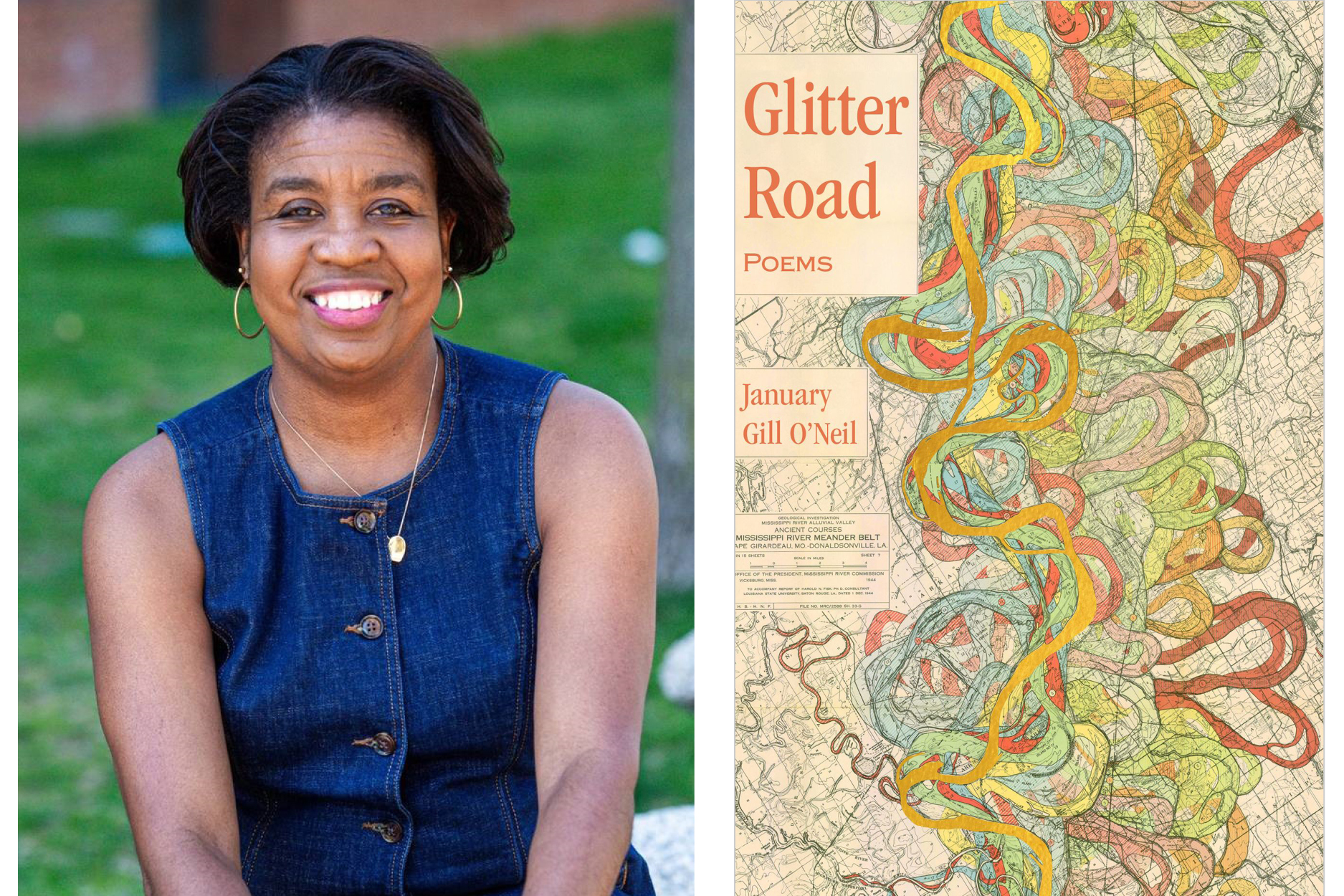 January Gill O'Neil, author, poses outside. The cover of "Glitter Road" shows colorful and complex curved paths on Harold Fisk’s Meander Maps of the Mississippi River.