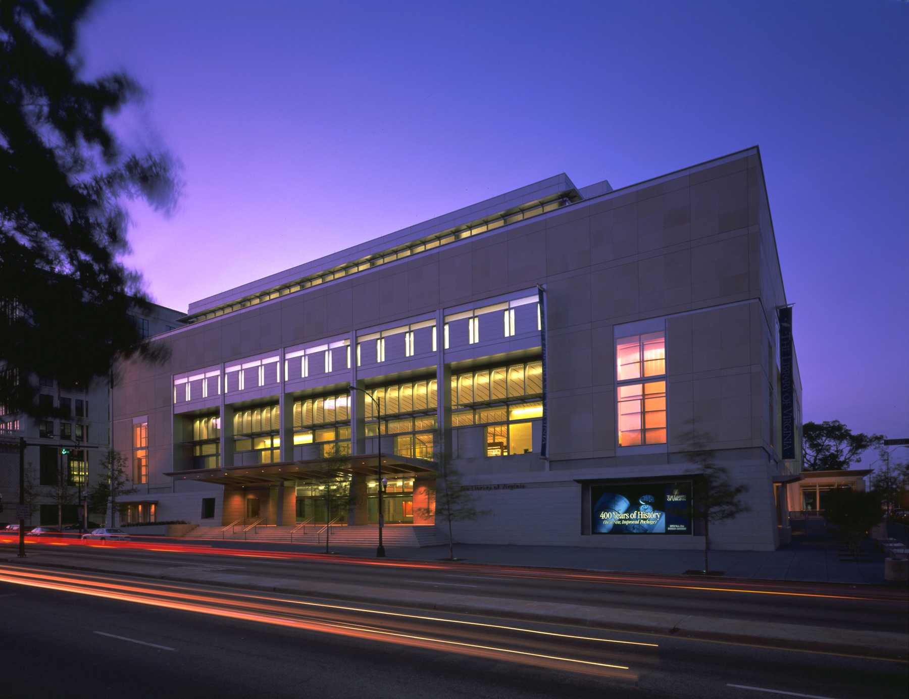 Library of Virginia building at dusk