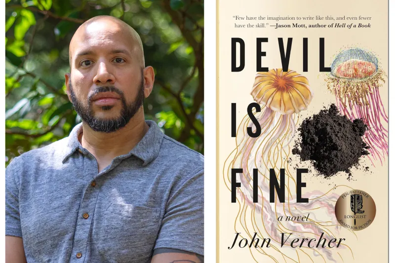 John Vercher, author, poses in a gray shirt in front of a blurred greenery background. The cover of his novel, "Devil is Fine," is on the right: two jellyfish float against a cream background with black text.